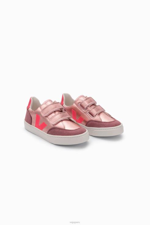 zapatos H28JT306 niños Veja v-12 cuero sin cromo nácar rosa fluo